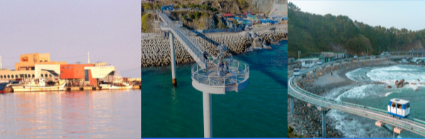 왼쪽부터 후포항, 등기산 스카이워크, 죽벽 하트해변