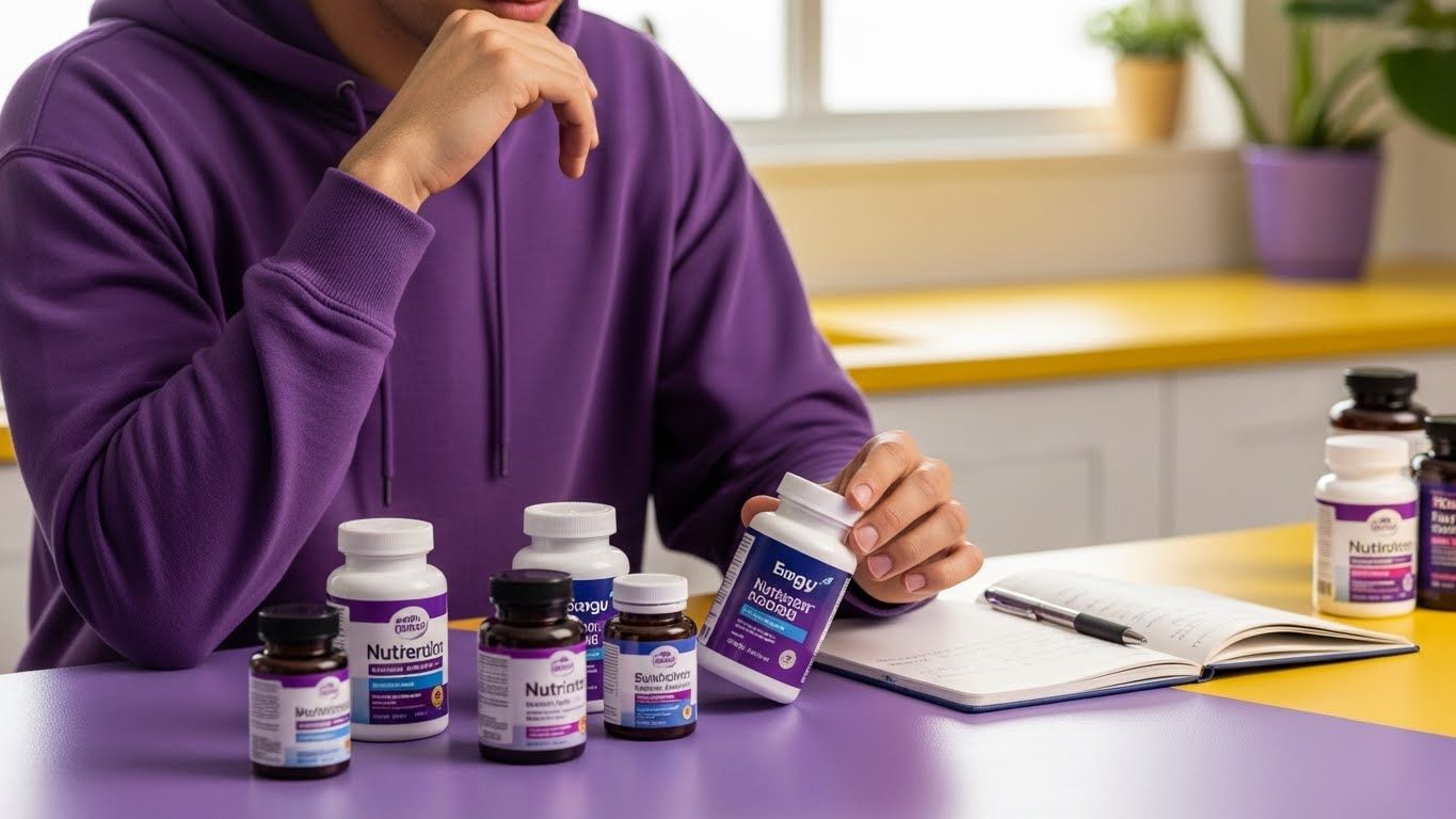 깨끗하고 보라색-노란색 테마의 조리대 위에서 다양한 보충제 병을 세심하게 살펴보고 있는 한 사람이 작은 노트와 펜을 들고 영양 섭취에 대한 신중한 선택과 현명한 의사 결정을 상징합니다.