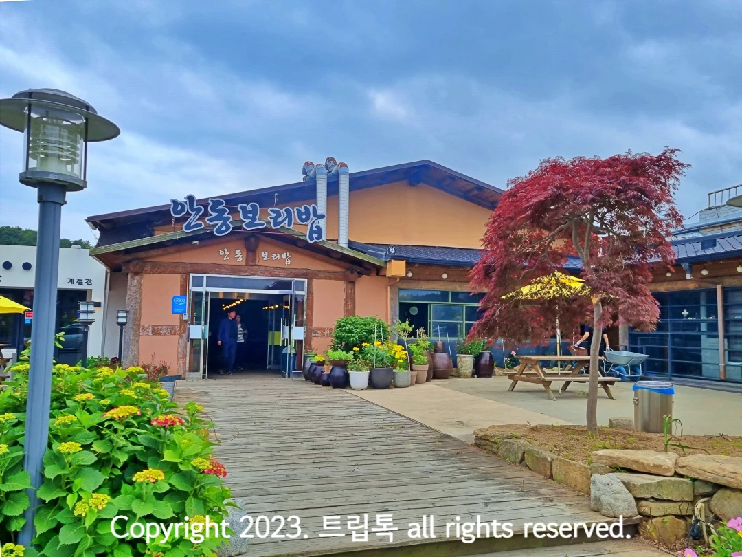 왼쪽에 가로등과 꽃이 있고 가운데 안동보리밥 입구가 있다.