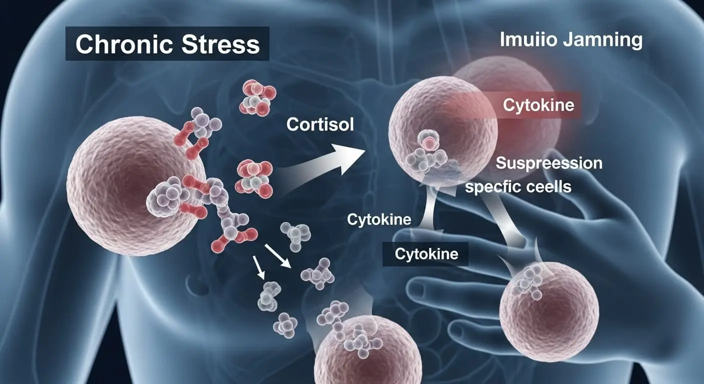 만성 스트레스 호르몬 코르티솔이 면역 세포 기능을 억제하는 모습.