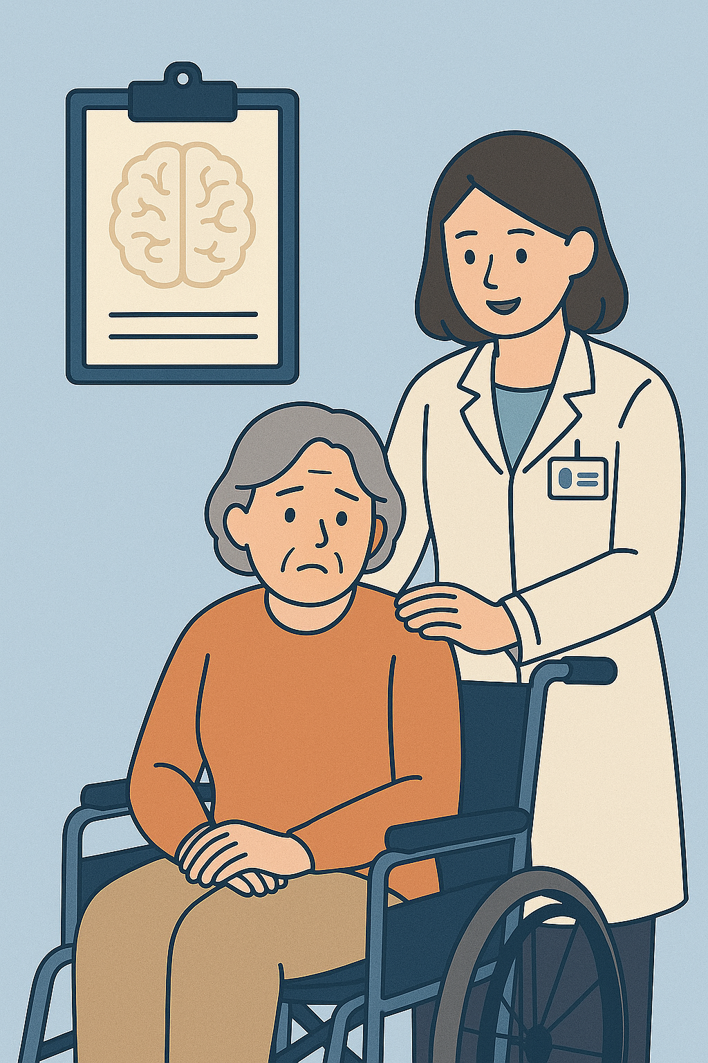휠체어에 앉아있는 여성 노인과 어깨를 손을 올리고 있는 의사