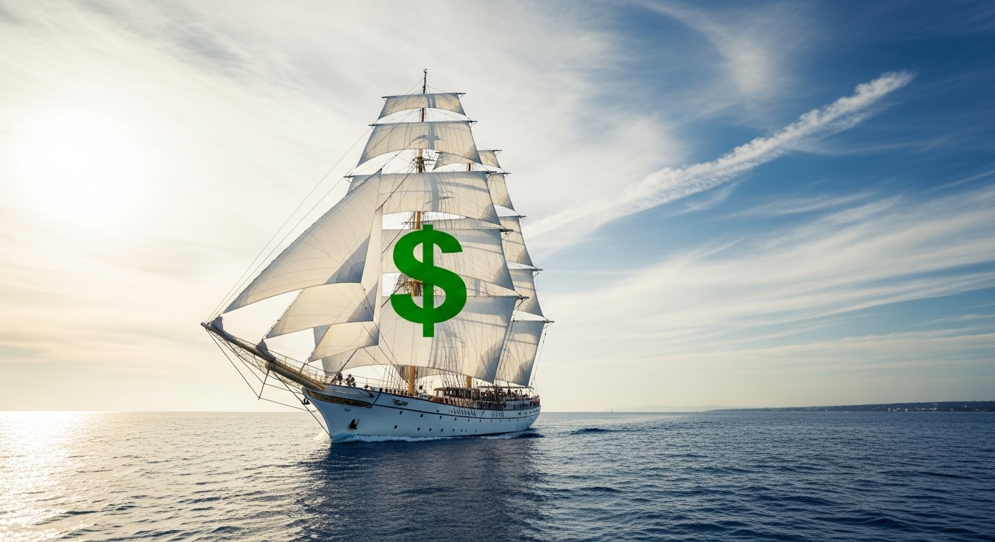 Image of a ship with a sail marked with a dollar sign ($) sailing with a fair wind (symbolizing exchange rate benefits).