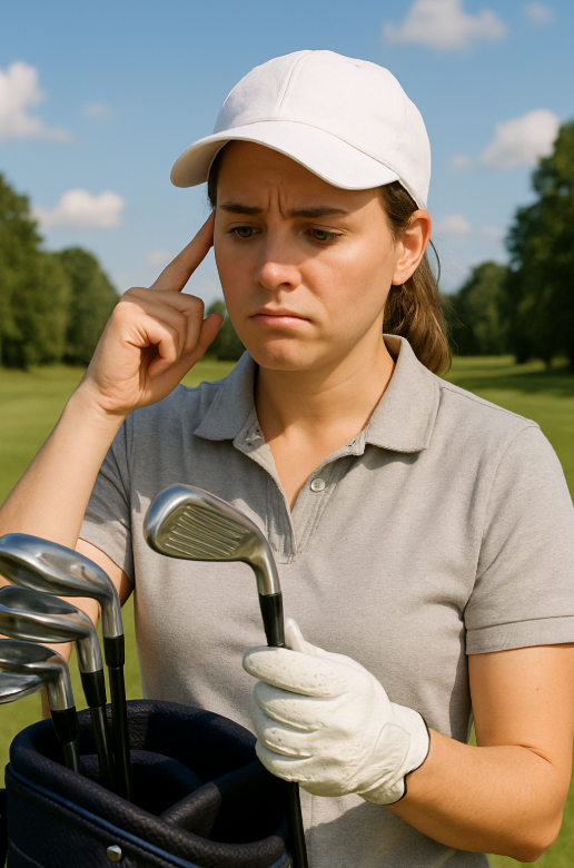 초보 골퍼가 장비를 들고 고민하는 이미지