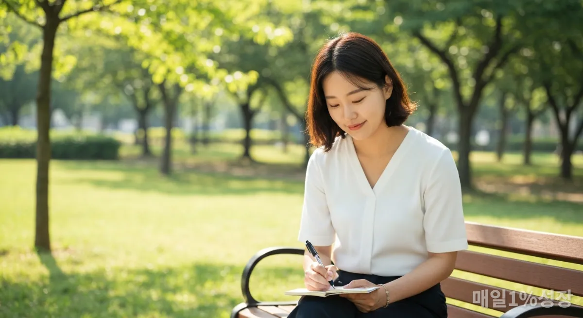 공원 벤치에 앉아 일기를 쓰는 한국인 여성