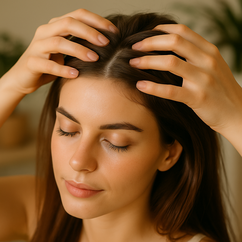 눈을 감고 두피를 손가락으로 마사지하는 여성의 모습
