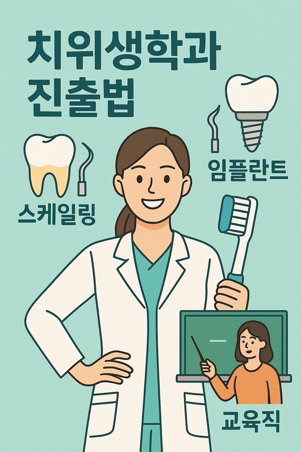 치위생학과 진출법'이라는 정확한 표기와 함께 스케일링, 임플란트, 교육직 진로를 표현한 밝은 색조의 치위생학 진로 포스터