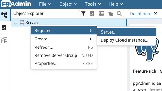 pgadmin database register