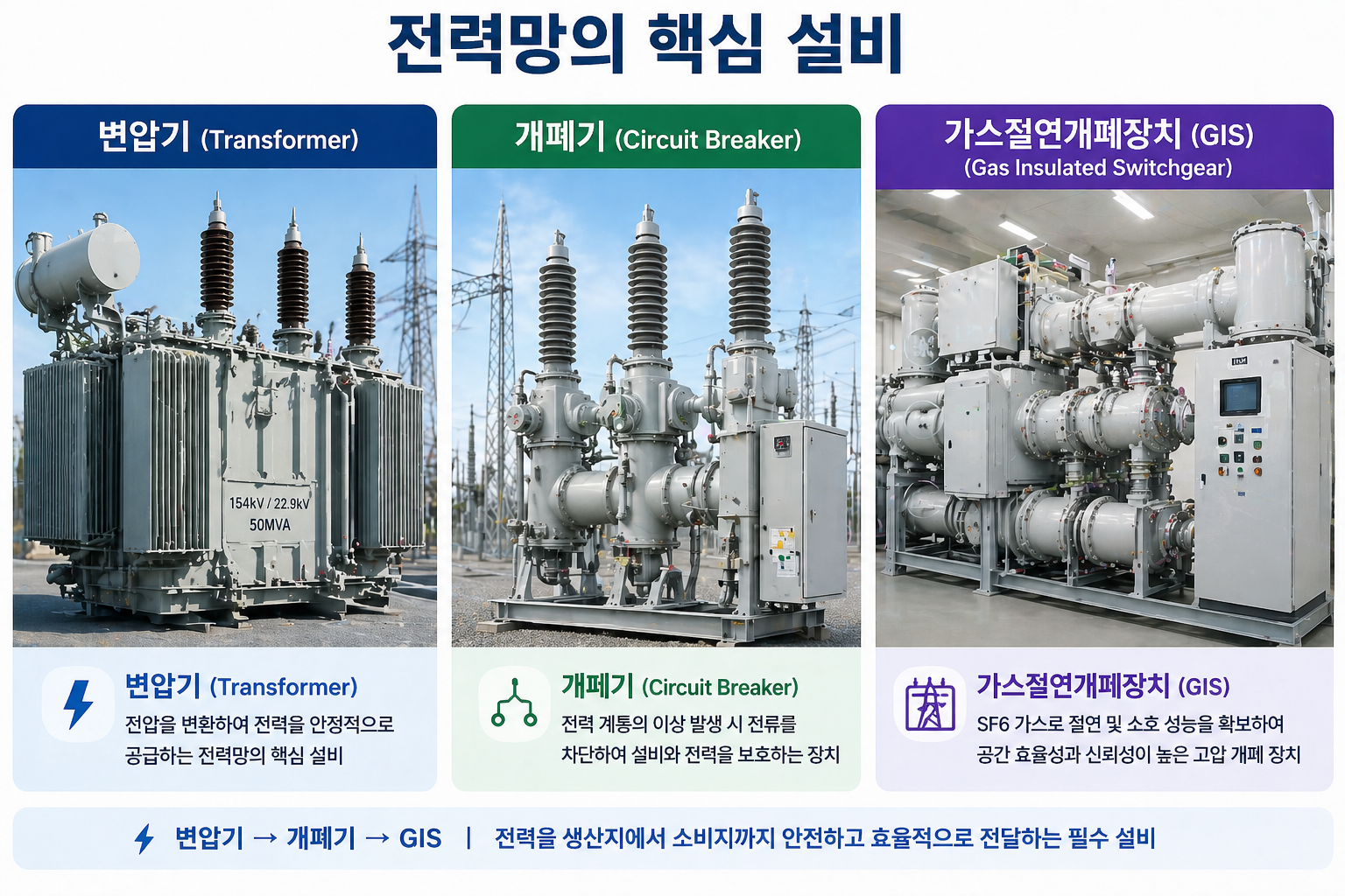"변압기, 개폐기, 가스절연개폐장치(GIS)가 각각 구분되어 배치된 전력망 핵심 설비 인포그래픽으로, 전력을 안정적으로 공급하고 보호하는 전력 인프라 장비 구조와 역할을 시각적으로 보여주는 이미지"