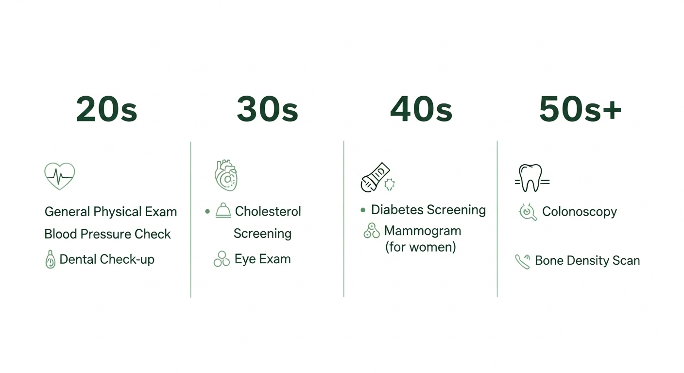 연령대별 필수 종합검진 항목을 시각적으로 보여주는 깔끔한 인포그래픽
