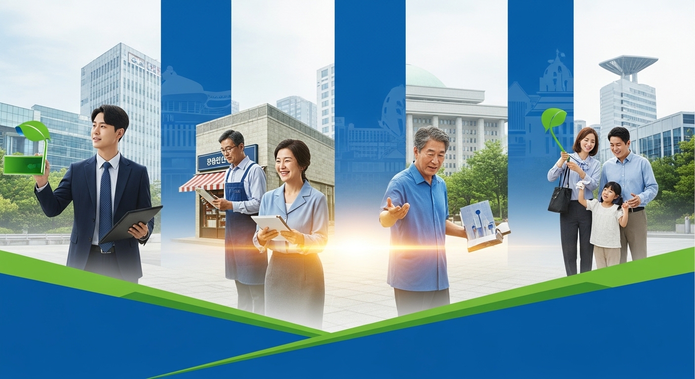 2025년 이재명 정부 11월 지원금 정책의 혜택을 받는 다양한 연령대의 사람들, 희망찬 한국 경제를 상징하는 이미지