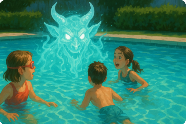 수영장에서 염소 도깨비와 마주한 아이들 일러스트