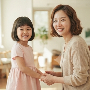 미소 지으며 웃는 엄마와 딸