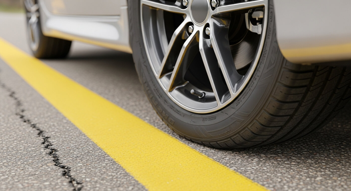 노란선 위에 정차된 자동차 바퀴 클로즈업