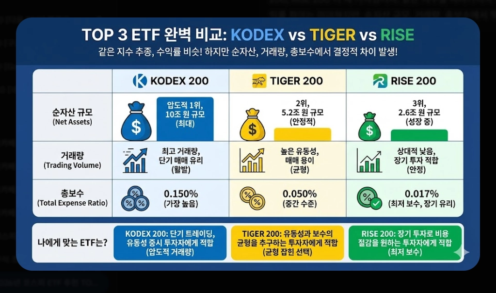 코스피200 ETF 추천 TOP 3 [2026년] KODEX vs TIGER vs RISE 완벽 비교
