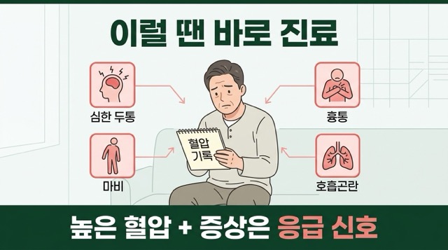 높은 혈압 심한 두통 흉통 마비 호흡곤란 진료 신호