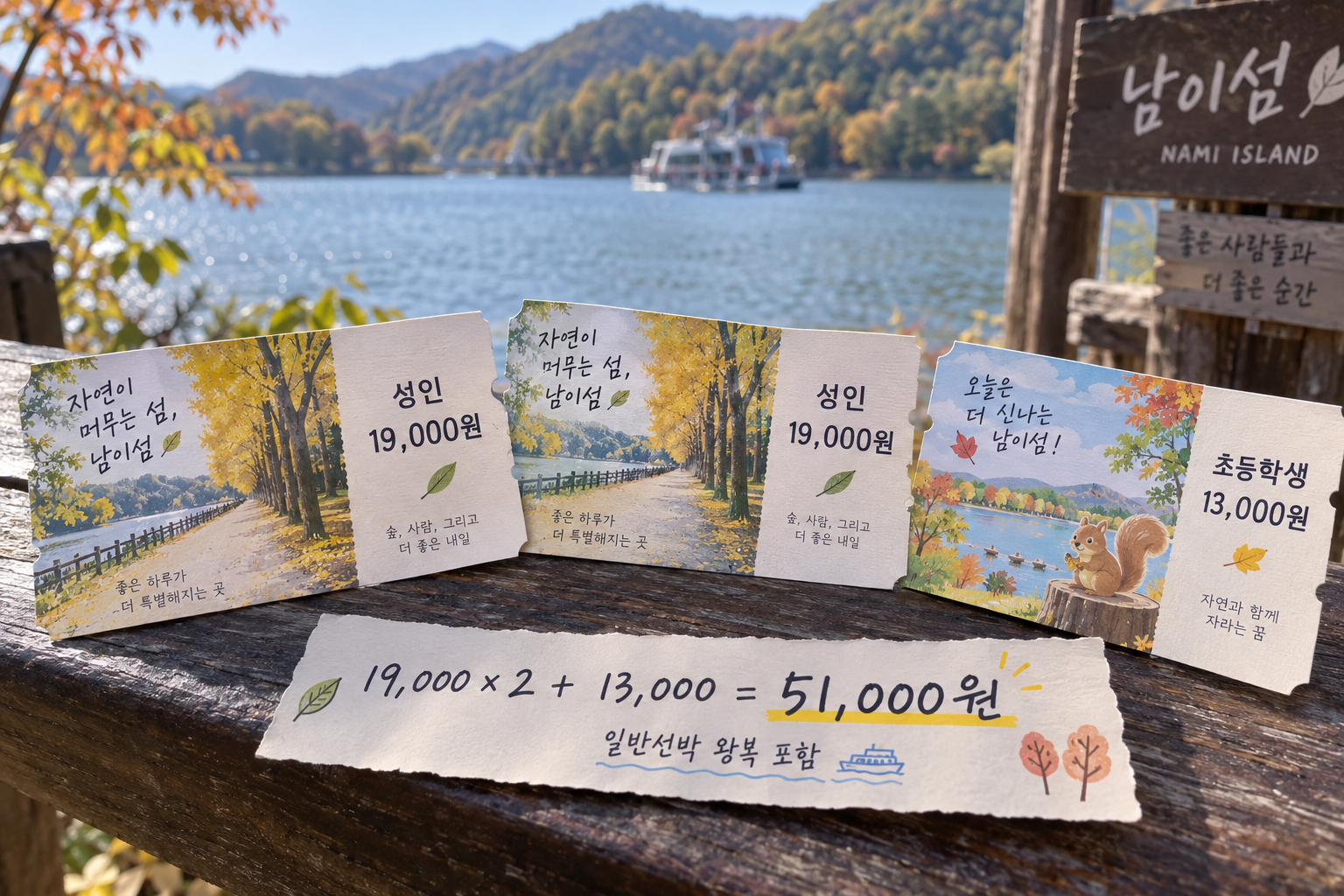남이섬 성인 두 명 38000원과 초등학생 한 명 13000원을 합친 51000원 계산 예시