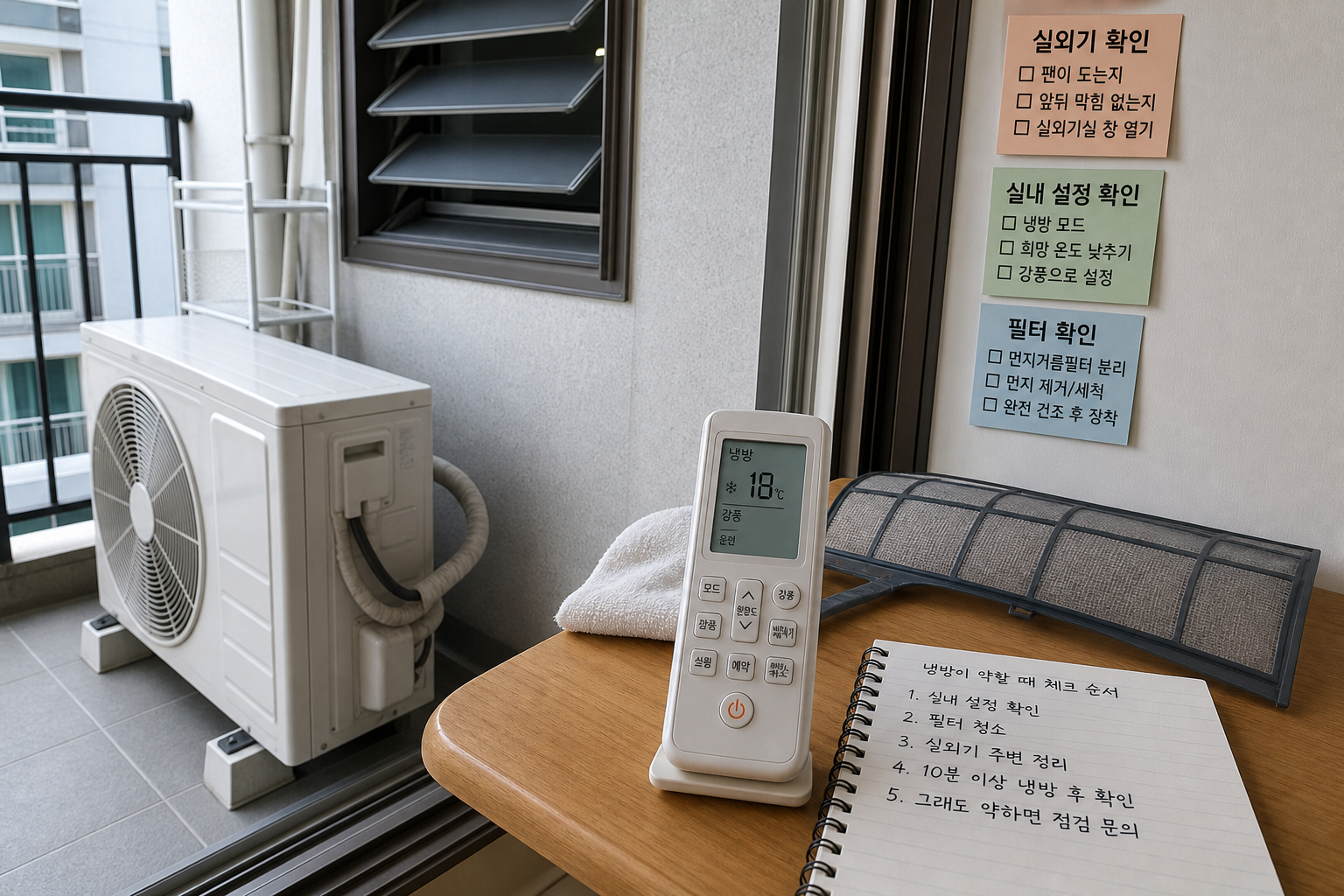 에어컨 냉방 안됨 문제에서 실외기와 필터 상태를 확인하는 장면