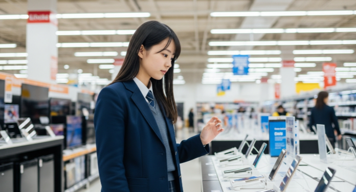 대형마트 가전 코너에서 아이폰을 구경하는 모습