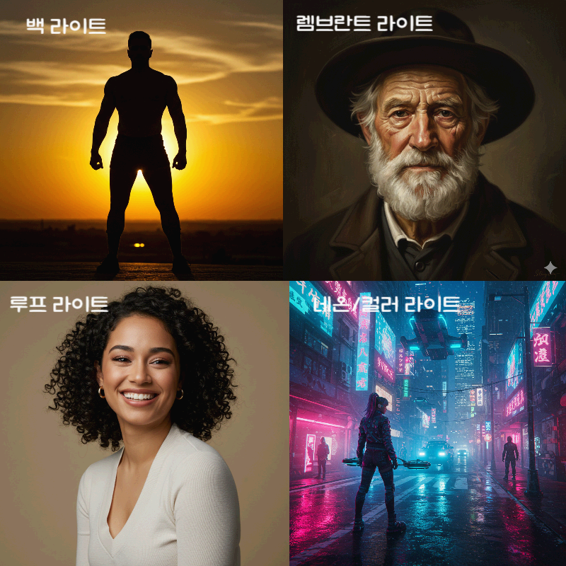 백라이트 실루엣, 렘브란트 라이트 노인 초상, 루프 라이트 여성 초상, 네온/컬러 라이트 도시 야경 등 네 가지 AI 이미지 조명 기법 예시를 모은 자료 이미지.