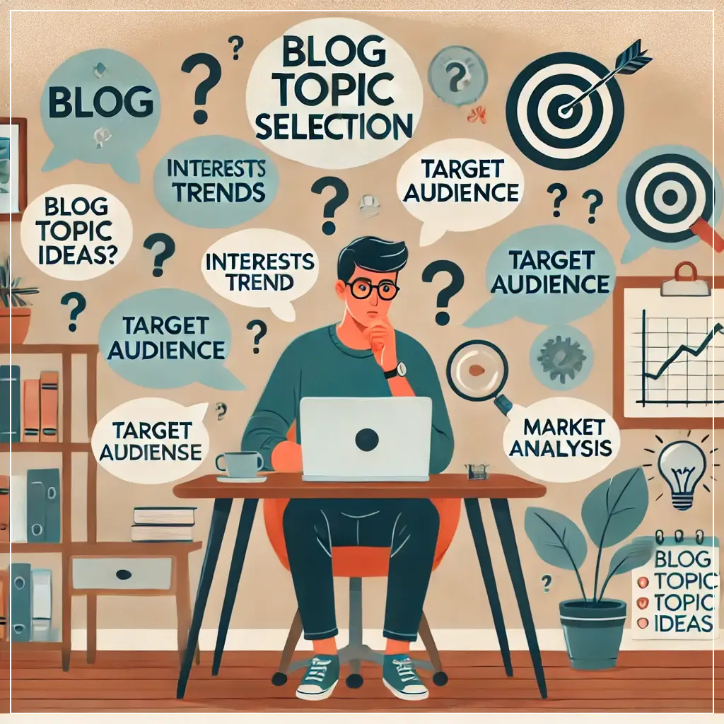 블로그-주제를-선정하기-위해-노트북-앞에-앉아-고민하는-사람의-모습.-관심사&amp;#44;-트렌드&amp;#44;-타깃-독자&amp;#44;-시장-분석을-나타내는-아이콘과-차트&amp;#44;-그래프가-주위를-떠다니고-있다.