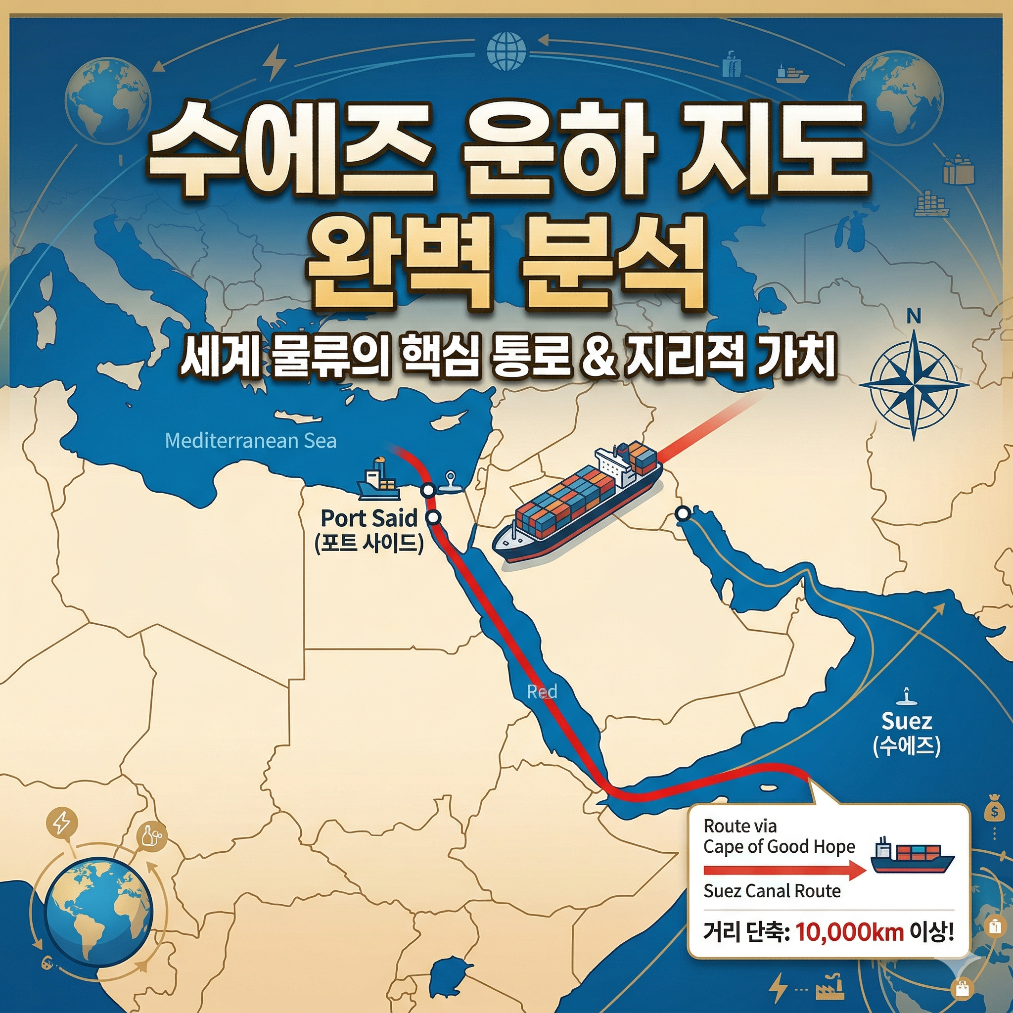수에즈 운하 지도 완벽 분석: 세계 물류의 동맥이자 지리적 요충지 탐구