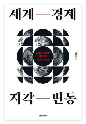 『세계 경제 지각 변동』 책 표지 – 검정과 흰색의 지구 이미지들이 격자 형태로 배열된 심플한 디자인