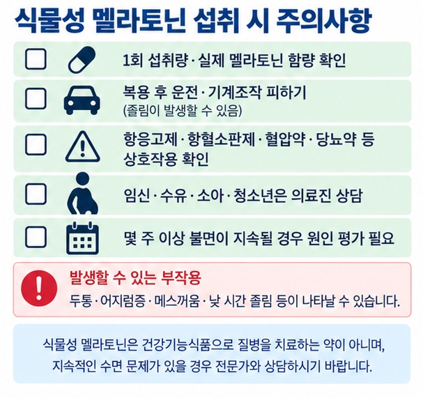 식물성 멜라토닌 섭취 전 실제 함량 졸림 약물상호작용 임신 수유 장기 불면을 확인하는 체크리스트 이미지