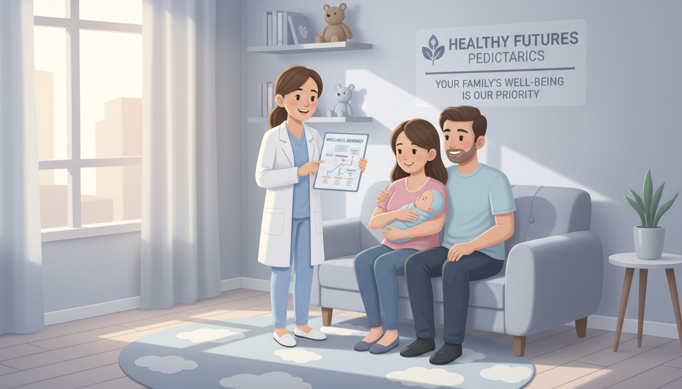 따뜻한 분위기의 소아청소년과 진료실에서 전문의가 부모에게 신생아 딤플에 대해 다정하게 설명하는 일러스트