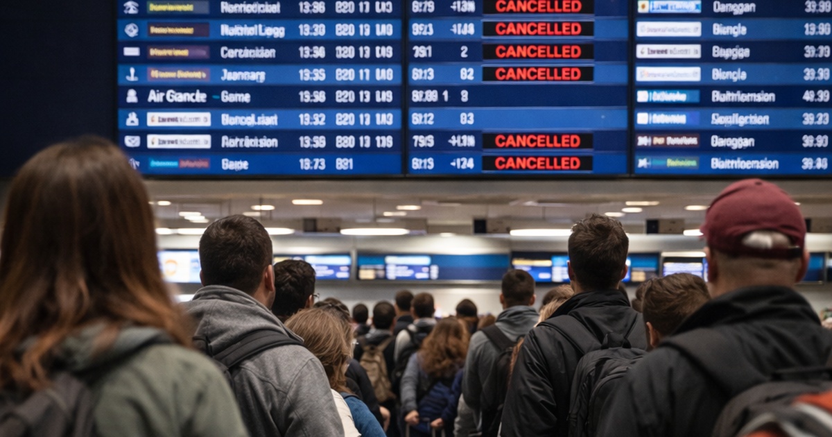 공항 체크인 카운터 앞에 캐리어를 든 여행객들이 길게 줄을 서 있고, 뒤쪽 대형 운항 정보 전광판에는 여러 항공편이 빨간색 CANCELLED로 표시되어 혼란스러운 분위기의 공항 터미널 모습.