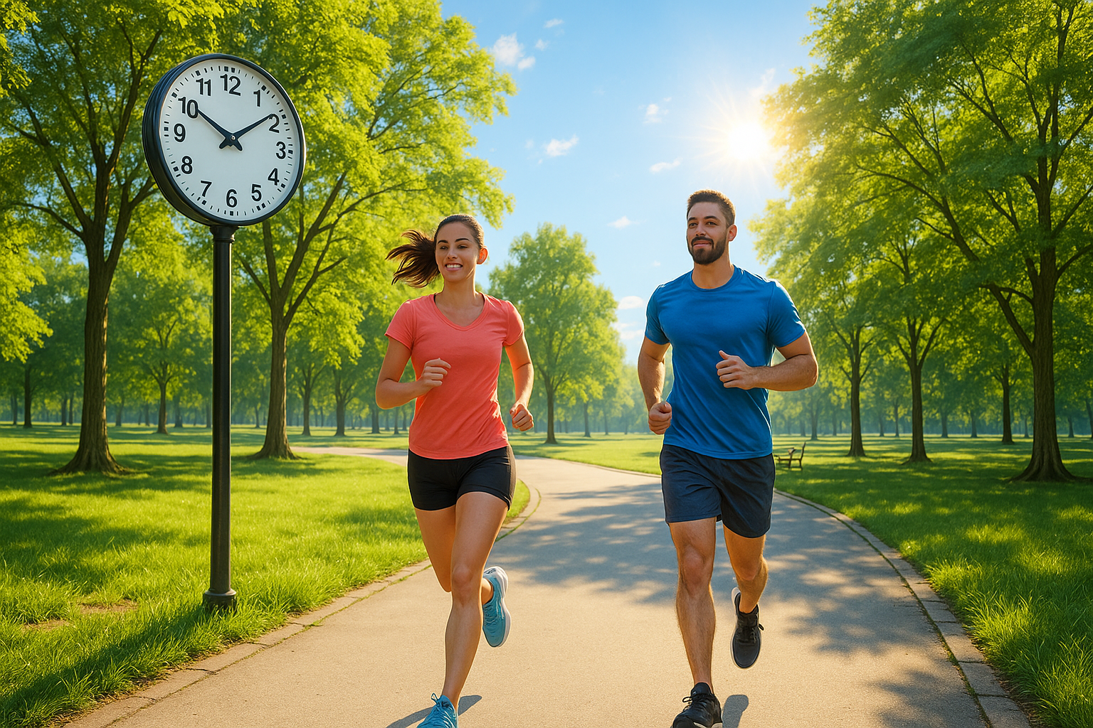 여름 새벽 공원에서 운동하는 사람들의 모습