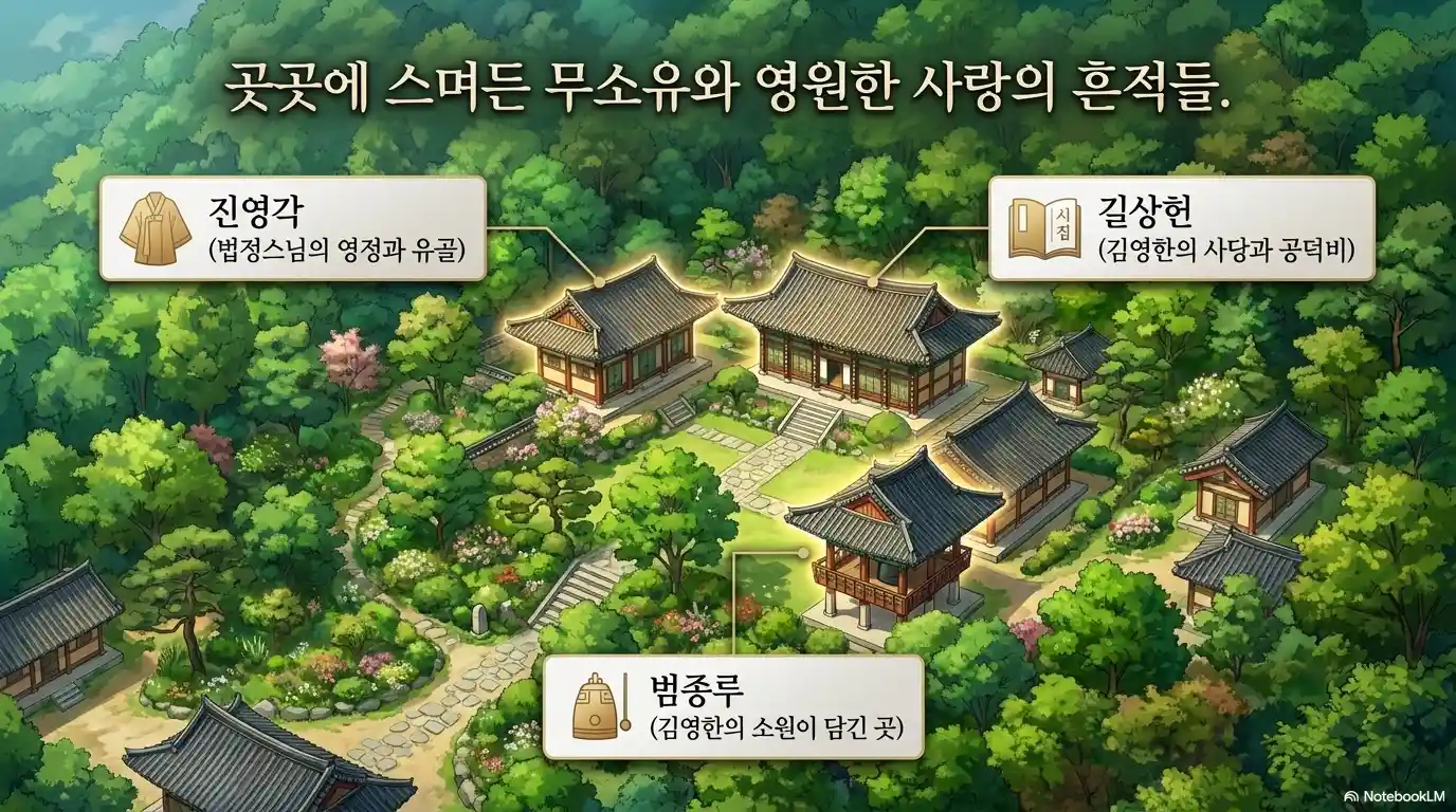 길상사 경내 지도 진영각 법정스님 영정 길상헌 김영한 사당 범종루 - 성북동 사찰 주요 볼거리 한눈에 안내