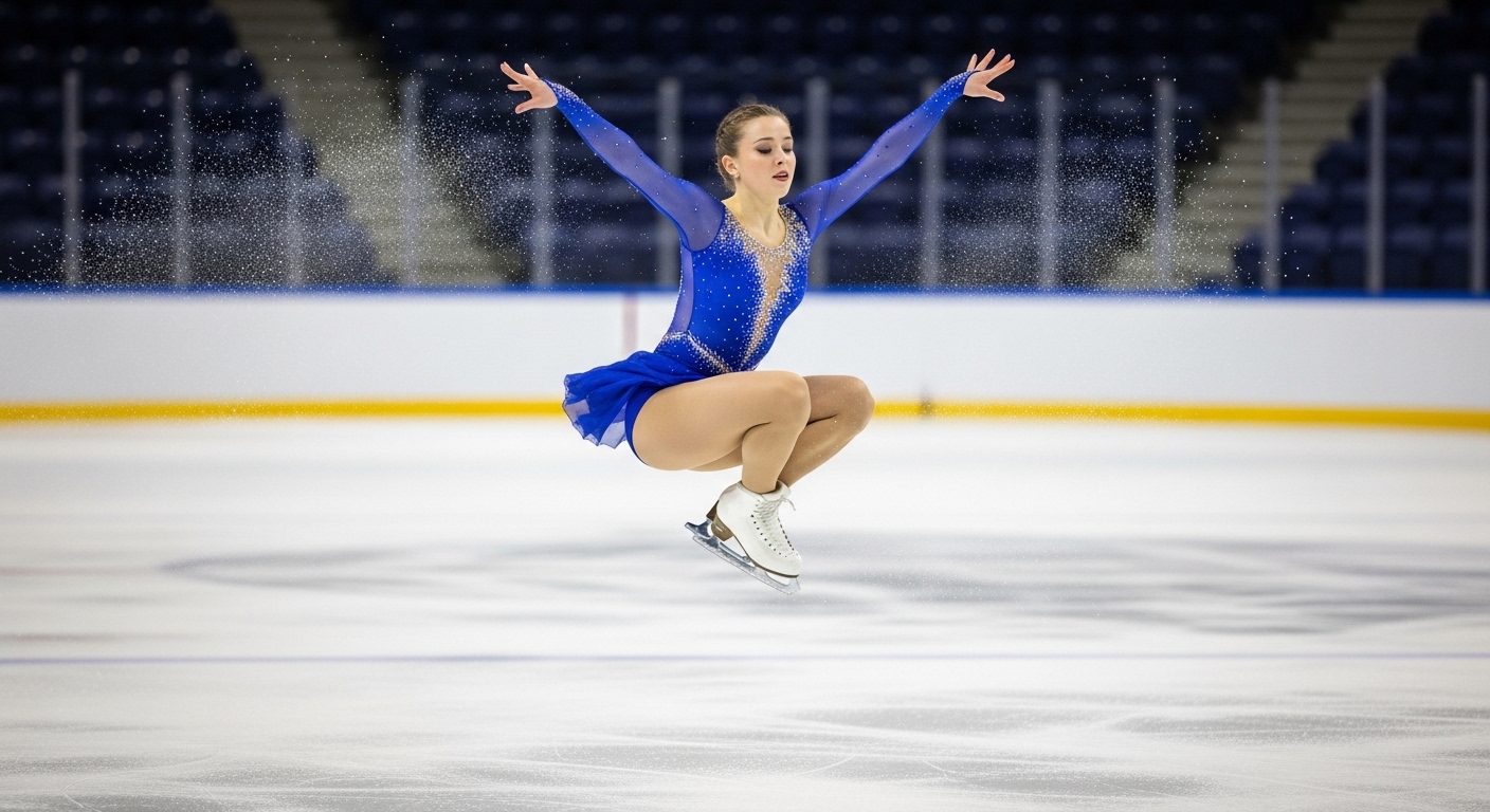 피겨 스케이팅 경기에서 화려한 점프 기술을 선보이는 여자 싱글 선수의 모습