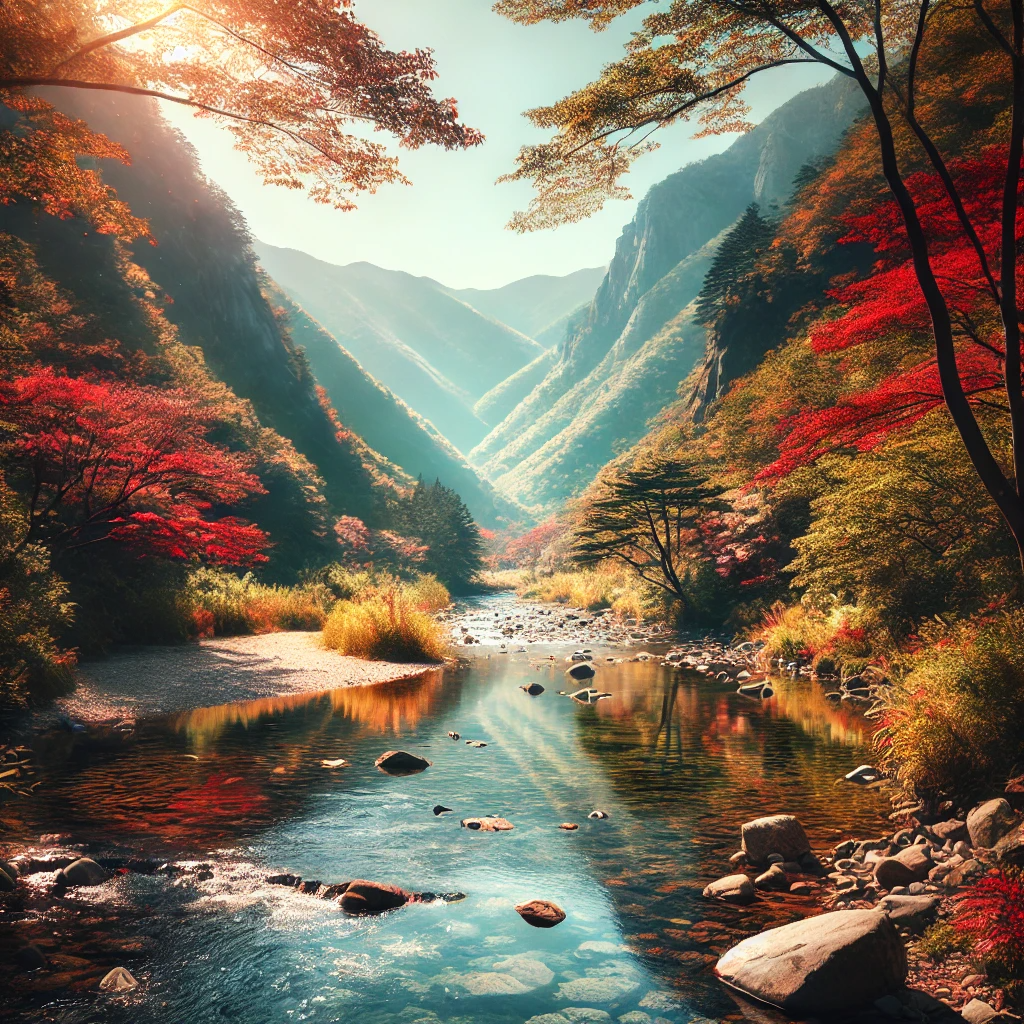 울산 작천정 계곡에서 가을의 단풍이 흐르는 계곡 물에 반사되어 고요한 분위기를 자아내는 모습.