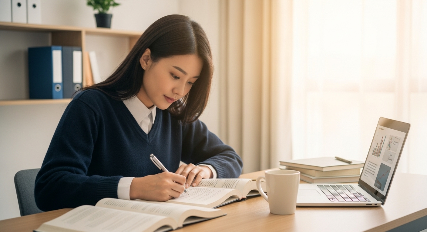 공무원 시험을 준비하는 지역 대학생이 책상에 앉아 집중하며 공부하는 모습, 시험 준비 전략의 중요성을 시사함.