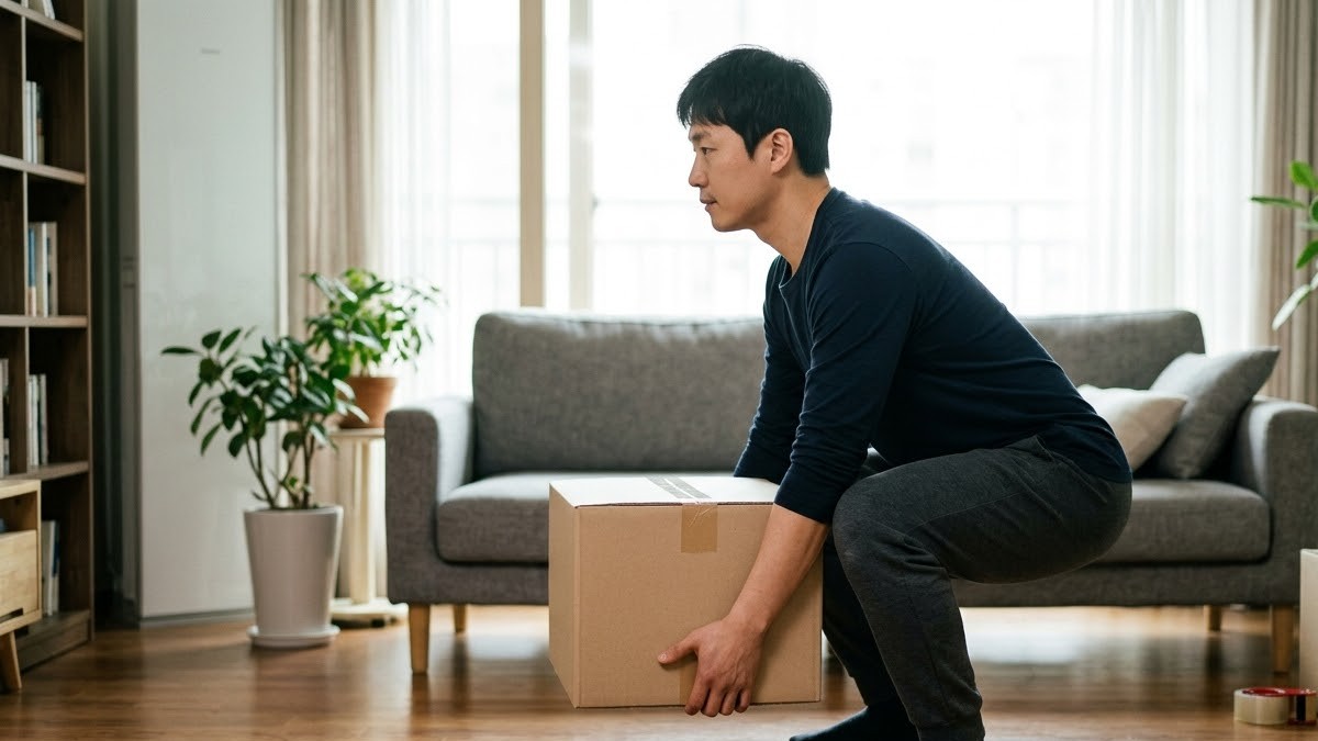 무릎을 굽히고 상자를 몸에 붙여 드는 올바른 자세