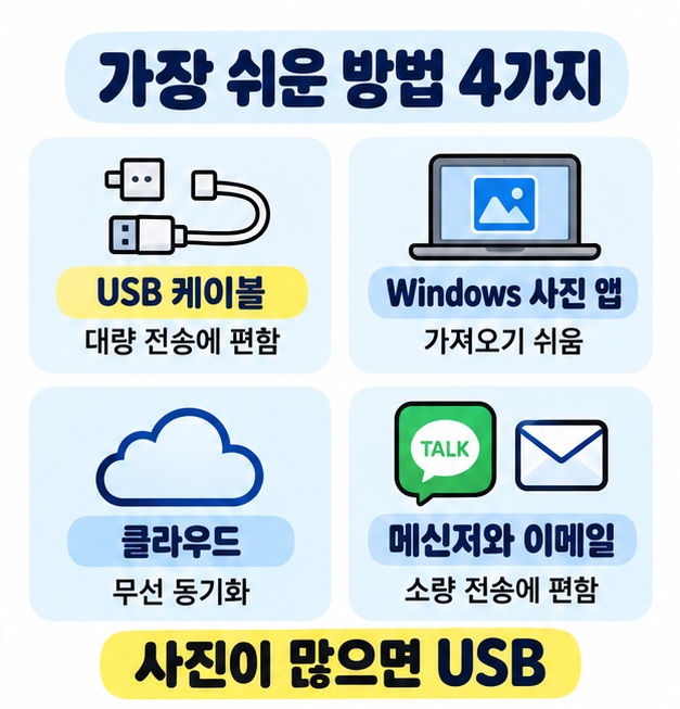 USB 케이블, Windows 사진 앱, 클라우드, 메신저와 이메일 방식의 장점과 적합한 상황을 비교한 카드