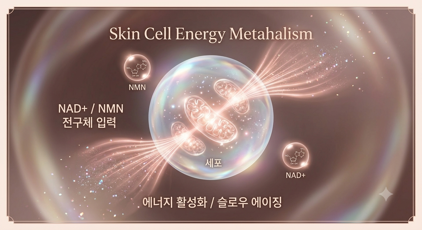 'Skin Cell Energy Metabolism'이라는 제목 아래, 세포 구체를 중심으로 NMN 전구체에서 NAD+로 이어지는 빛의 흐름을 보여주는 인포그래픽.