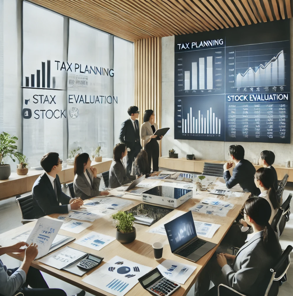 팀 회의에서의 재산평가 논의 중인 장면