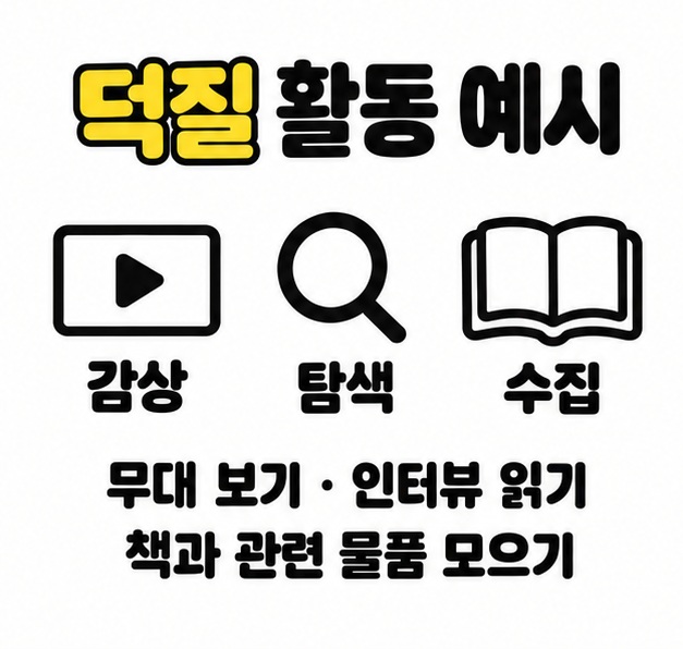 재생 버튼, 돋보기, 책 그림으로 감상과 탐색, 수집을 나타내고 무대 보기, 인터뷰 읽기, 책과 관련 물품 모으기를 예로 든 이미지