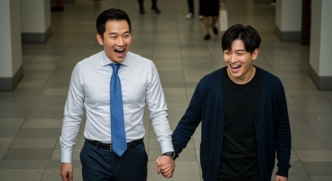 밝게 웃으며 손을 잡고 걷는 두 남성 직장인. 서로 신뢰하고 협력하는 직장 동료 관계를 상징하며, 긍정적인 조직 문화와 팀워크를 표현하는 장면.