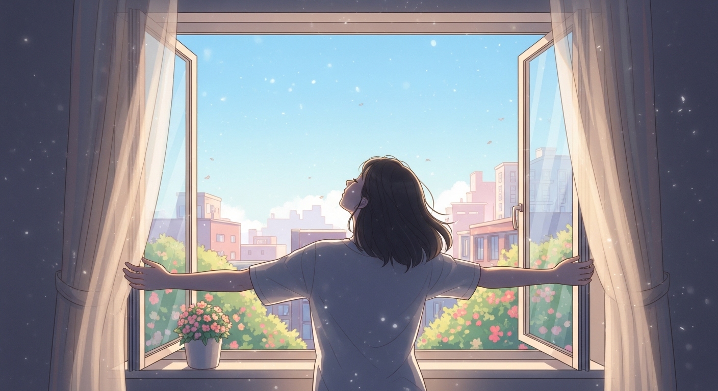 한 사람이 창문을 열고 있는 일러스트레이션.