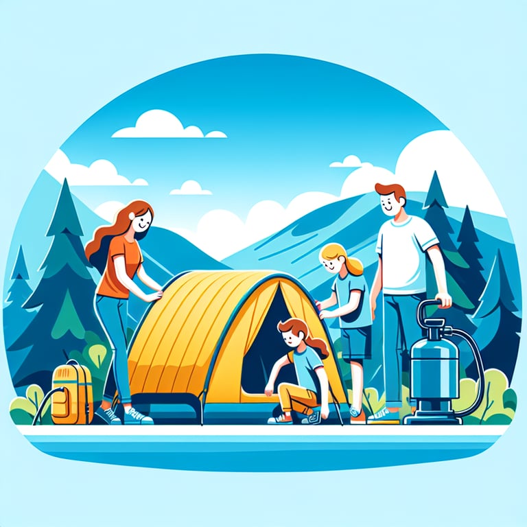 에어텐트에 에어펌프로 공기를 주입하여 캠핑을 준비하는 모습에 대한 사진