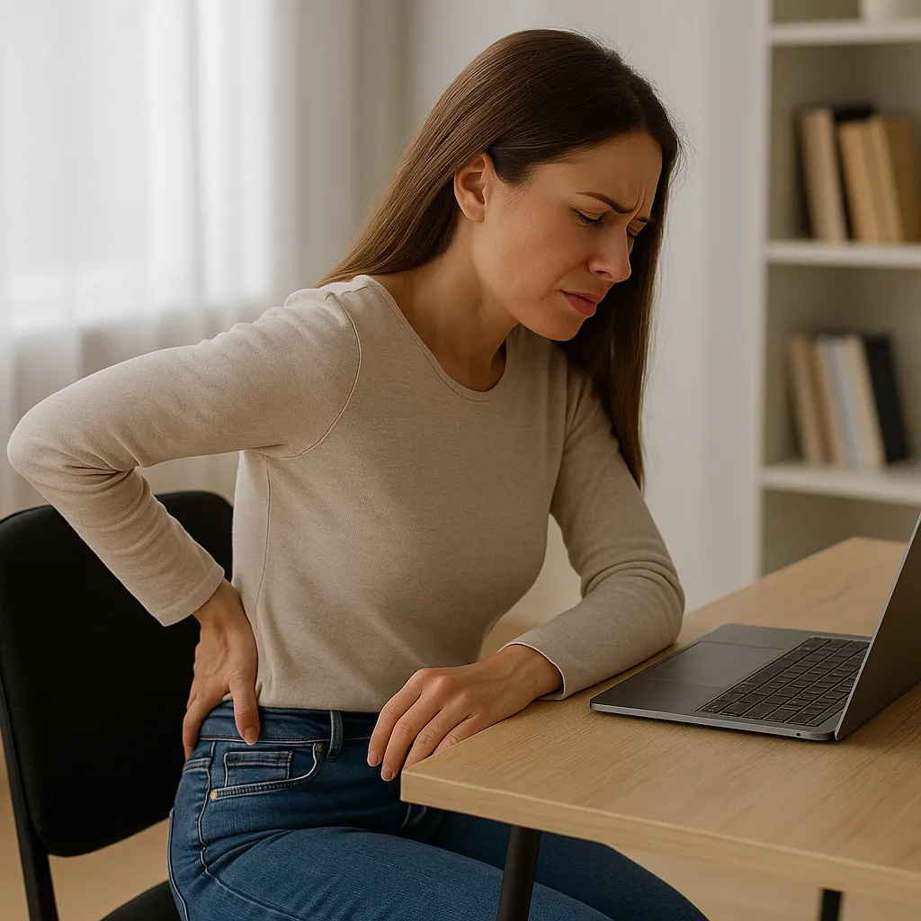 오랫동안-앉아-업무를-보다-허리가-아파-표정을-찌푸리는-여성의-모습으로,-잘못된-자세와-장시간-앉은-상태가-허리-근육과-척추에-부담을-주어-통증을-유발한다는-원리를-시각적으로-표현한-이미지