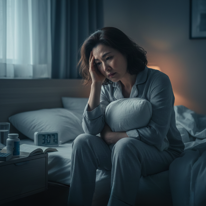 갱년기 불면증으로 새벽에 깨어 고민하는 중년 여성