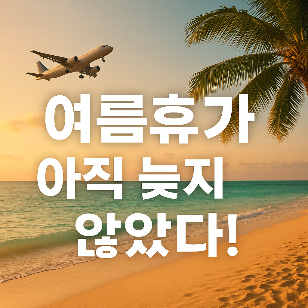 해변가 위를 날고 있는 비행기 이미지와 여름휴가 아직 늦지 않았다 문구