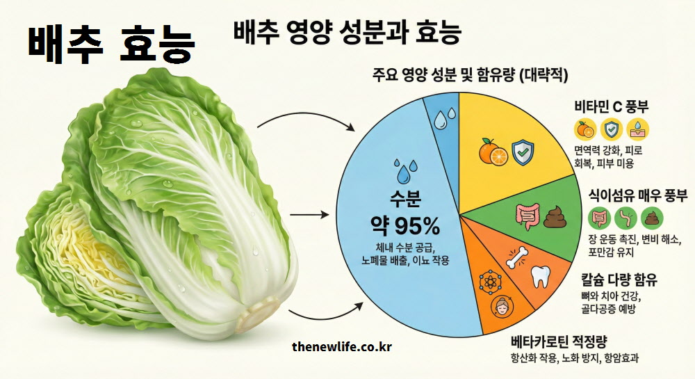 배추의 5대 영양소인 수분(95%), 비타민C, 식이섬유, 칼슘, 베타카로틴의 비율과 그에 따른 구체적인 배추 효능을 시각적으로 정리한 원형 차트 인포그래픽