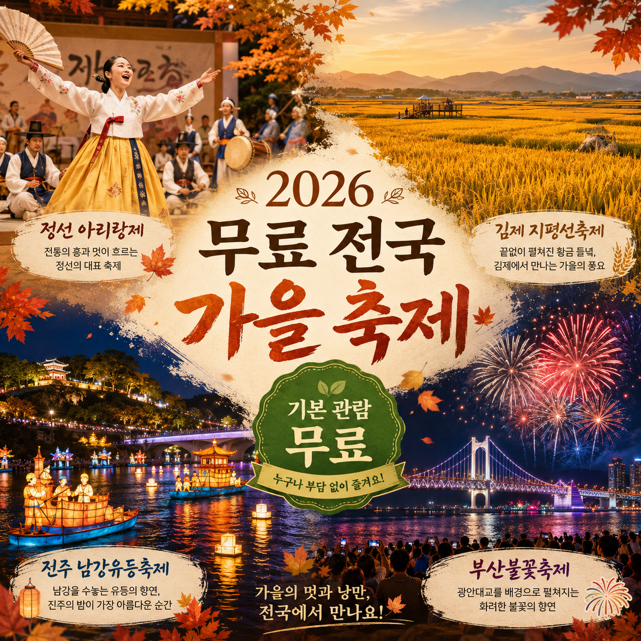 2026 무료 전국 가을 축제 정선 김제 진주 부산 일정을 비교한 이미지