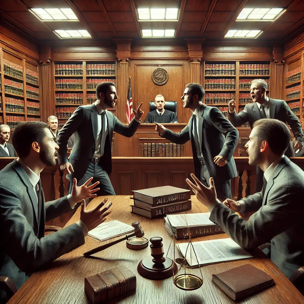 변호사들이 치열하게 논쟁하며 판사가 중재를 시도하는 긴박한 법정 순간.