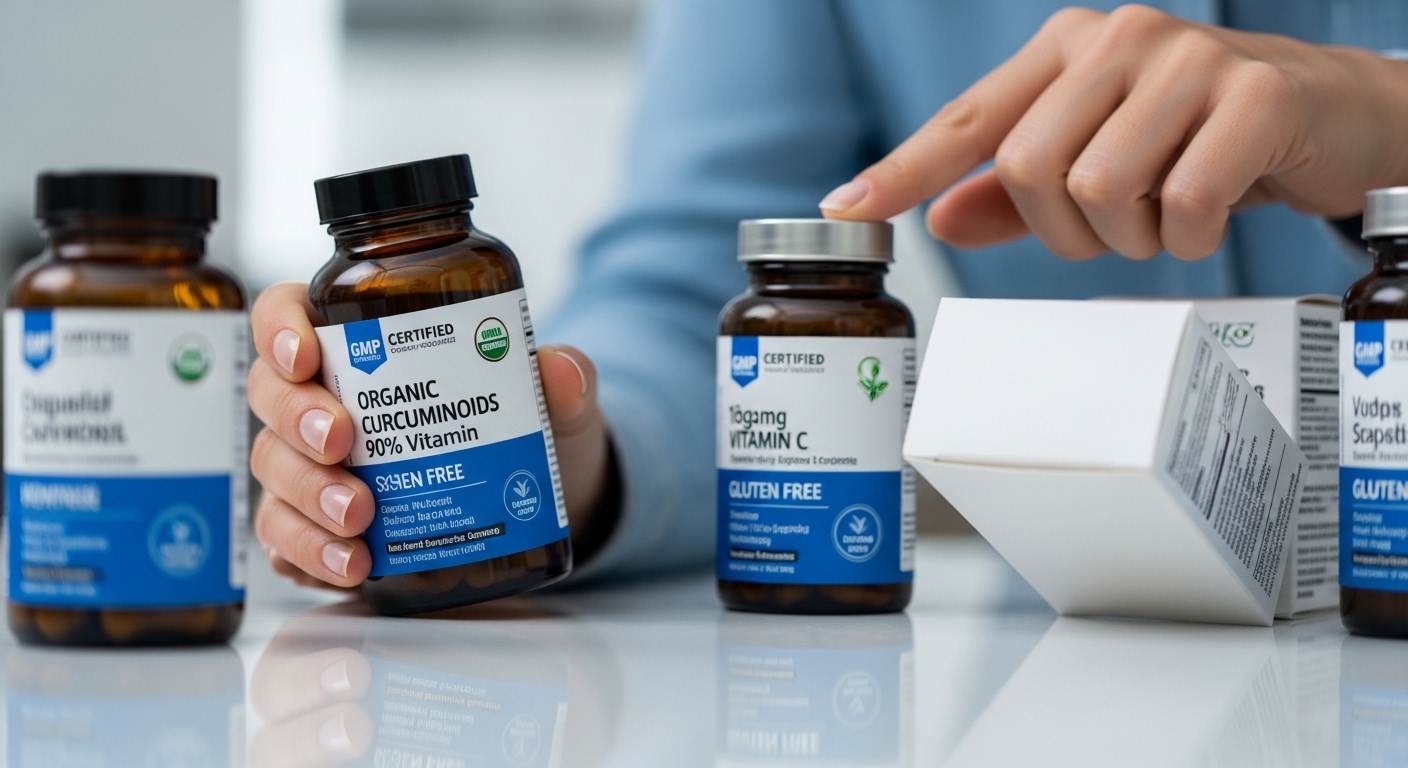 프리미엄 건강기능식품을 고르며 GMP 인증 마크, 유기농 원료 등 제품 라벨을 꼼꼼히 확인하는 모습