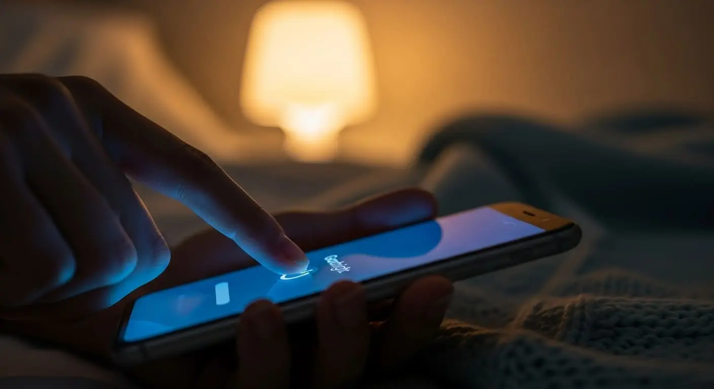 잠자리에 들기 전 스마트폰을 끄는 손의 클로즈업. 숙면을 위한 디지털 디톡스를 상징합니다.